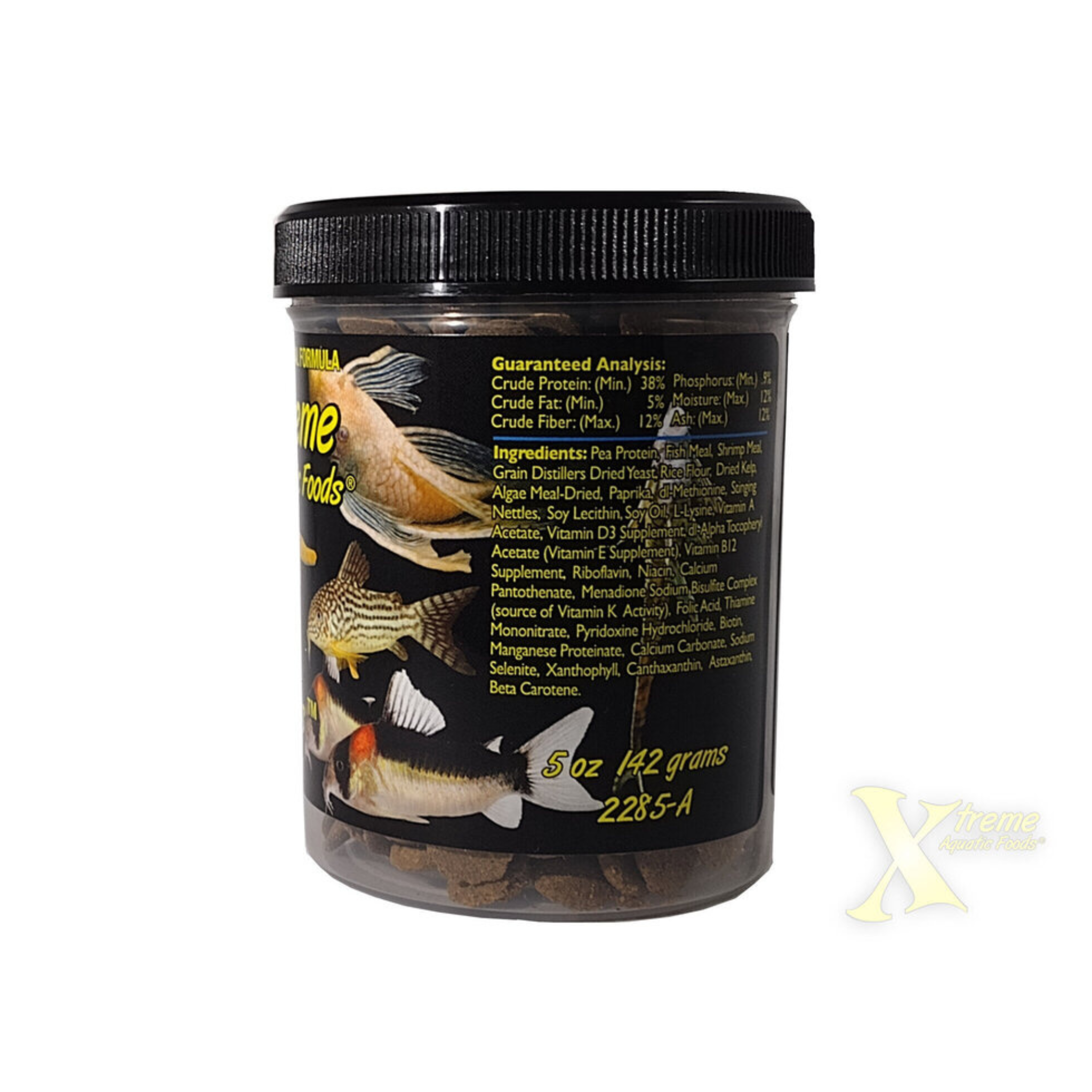 Container of Xtreme Aquatic Foods bottom wafer fish food with nutritional information on a white background