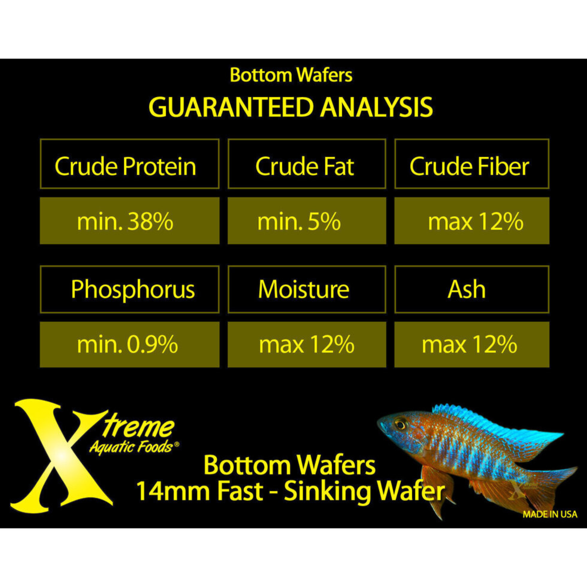 Product label for Xtreme Aquatic Foods Bottom Wafers with nutritional analysis and specifications.