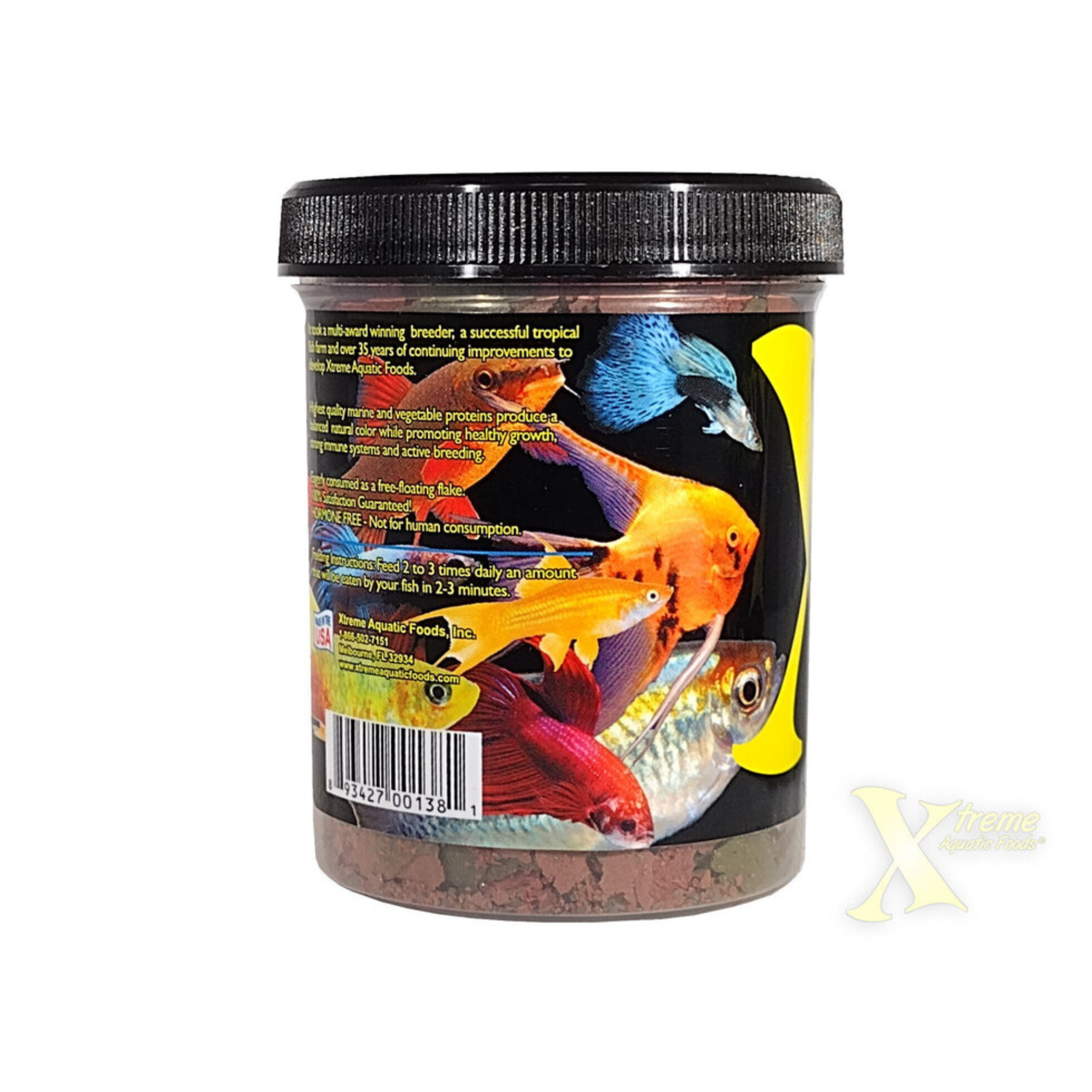 Container of Xtreme Aquatic Foods Community Crave fish food with feeding instructions and a colorful fish illustration on a white background