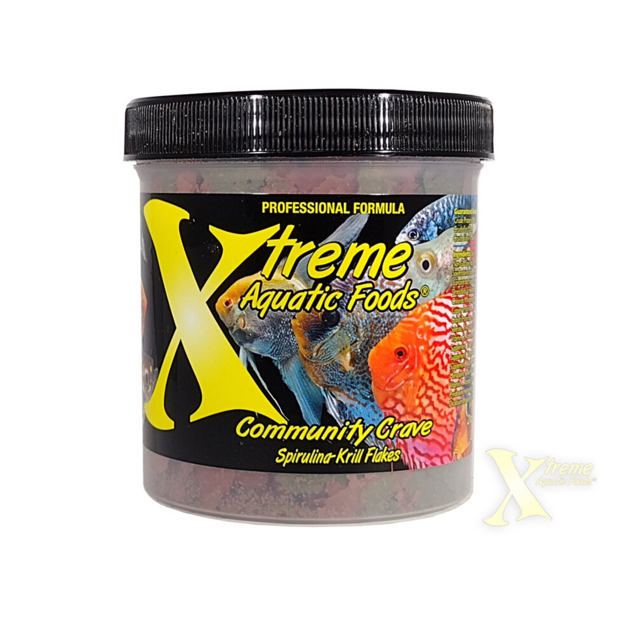 Container of Xtreme Aquatic Foods Community Crave fish food with colorful fish illustration on a blue and white background