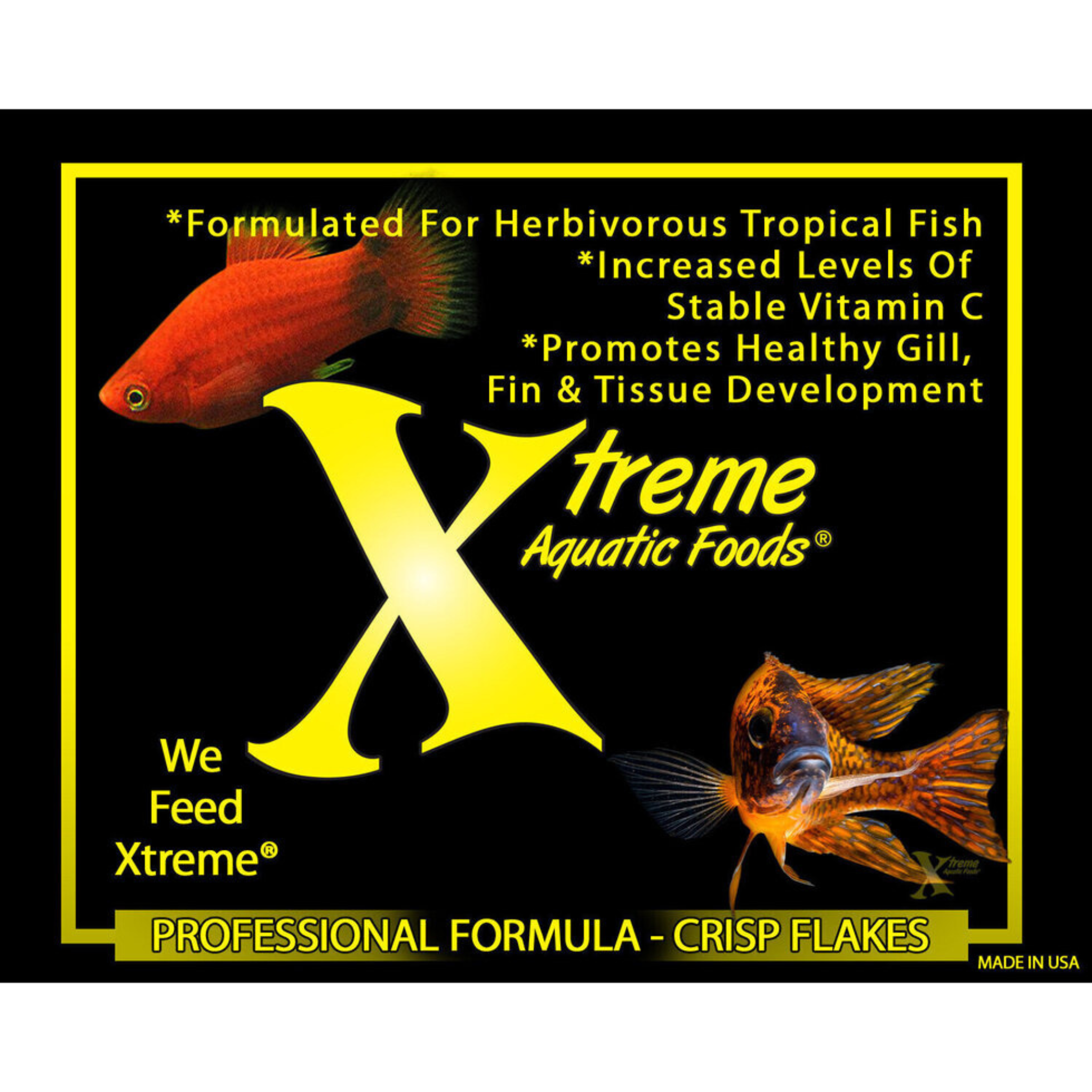 Advertisement for Xtreme Aquatic Foods Community Crave fish food with two fish illustrations on a black background.