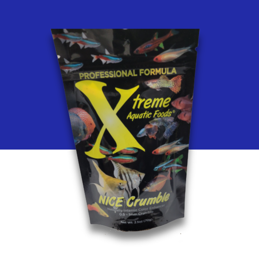 Pouch of Xtreme Aquatic Foods Nice Naturally Intense Color Enhancer
Sinking Crumble 70g on a blue and white background
