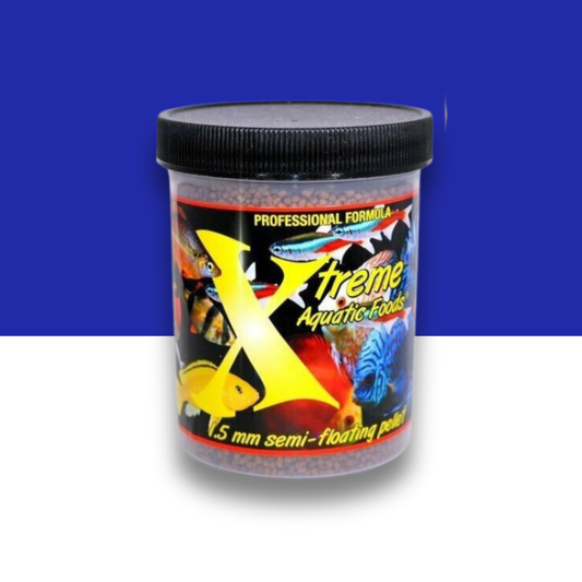 Container of Xtreme Aquatic Foods 1.5mm Semi-floating pellets with a blue  and white background