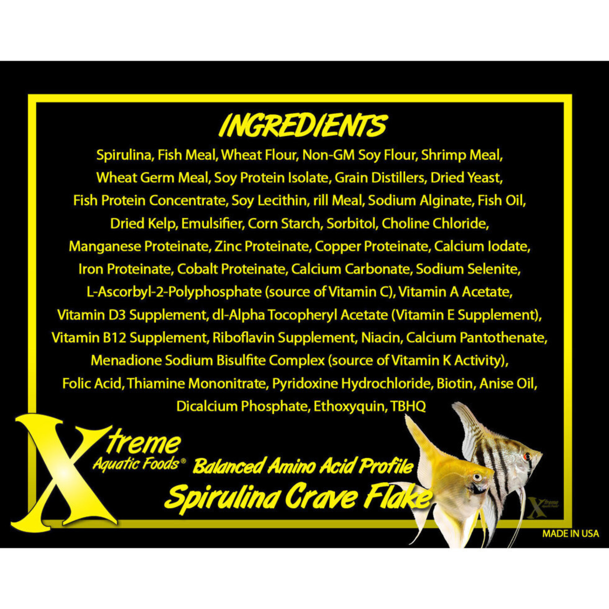 Ingredients list for Xtreme Aquatic Foods Spirulina Crave Flake fish food with fish illustration on a black background