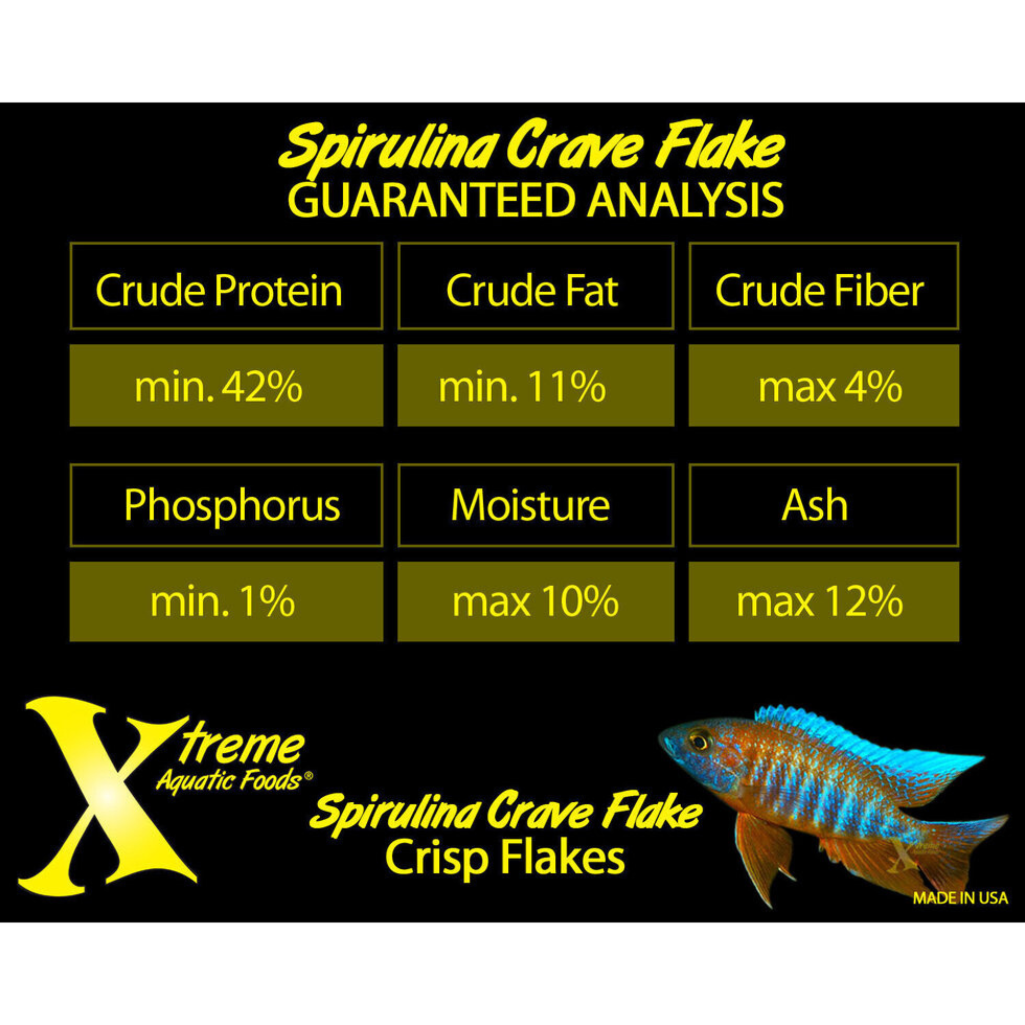 Xtreme Aquatic Foods Spirulina Crave Flake product label with nutritional analysis and Xtreme Aquatic Foods logo.