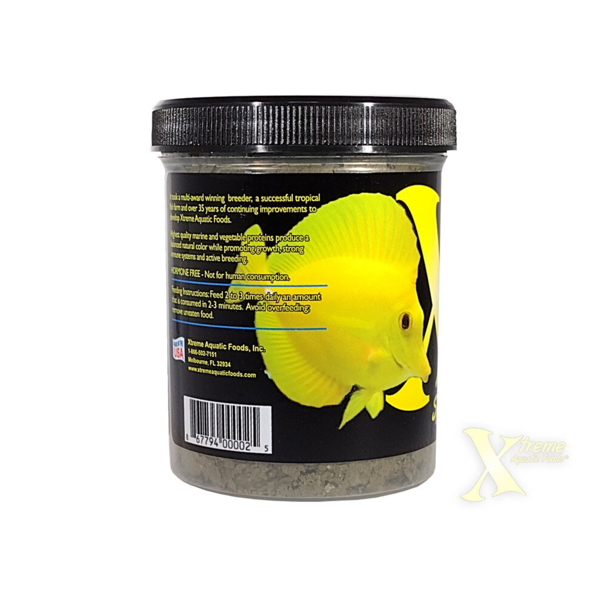 Container of Xtreme Aquatic Foods Spirulina Flake with a yellow fish illustration on a white background