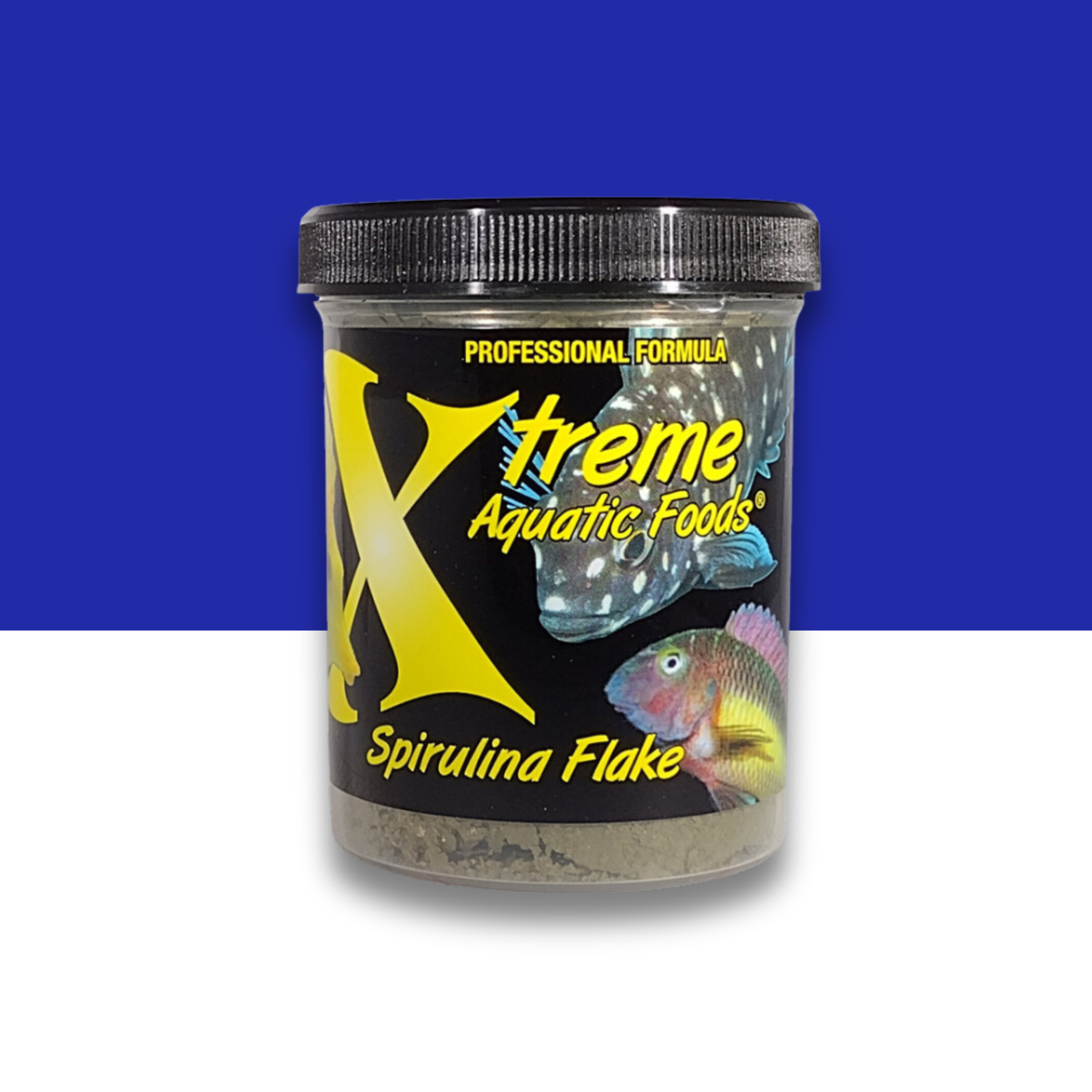 Containee of Xtreme Aquatic Foods Spirulina Flake against a blue and white background