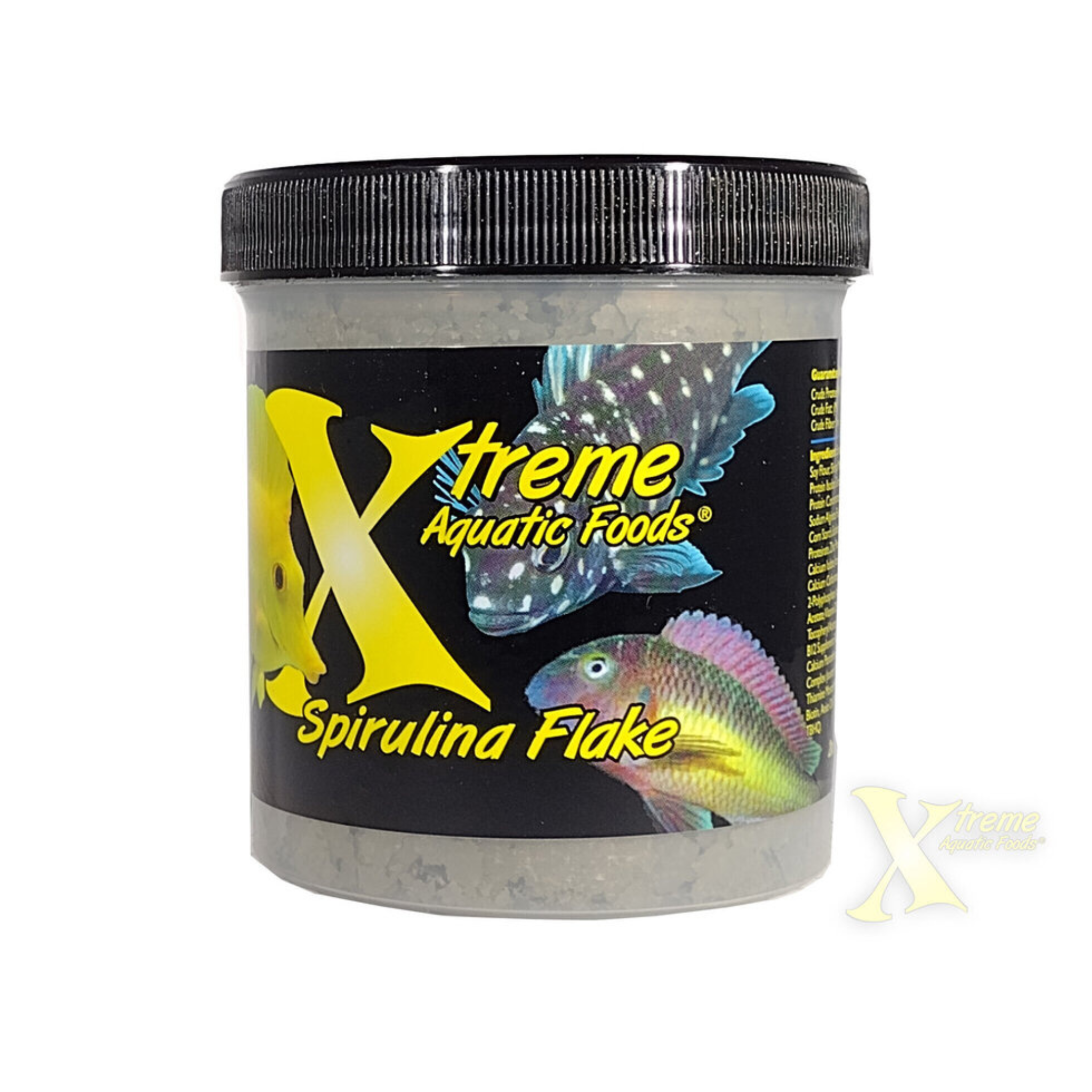Container of Xtreme Aquatic Foods Spirulina Flake on a white background