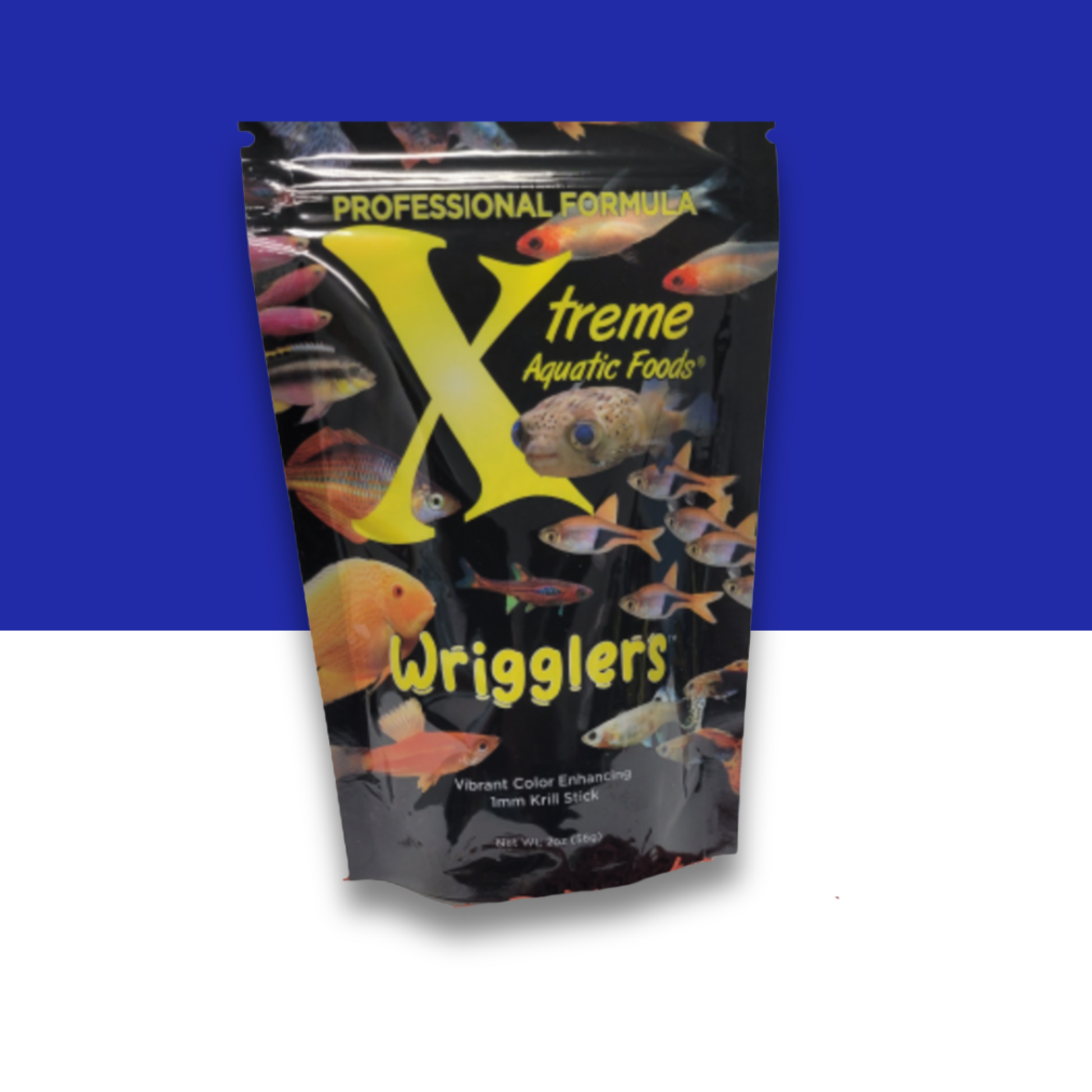 Pouch of Xtreme Aquatic Foods Wrigglers on a blue and white background